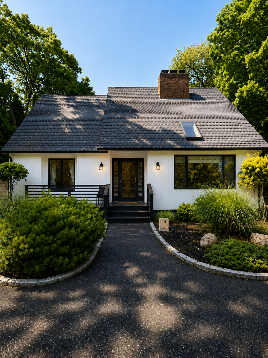 Front entry after painting: repainted front door in a bold color, fresh white columns and porch ceiling, clean sidelights.