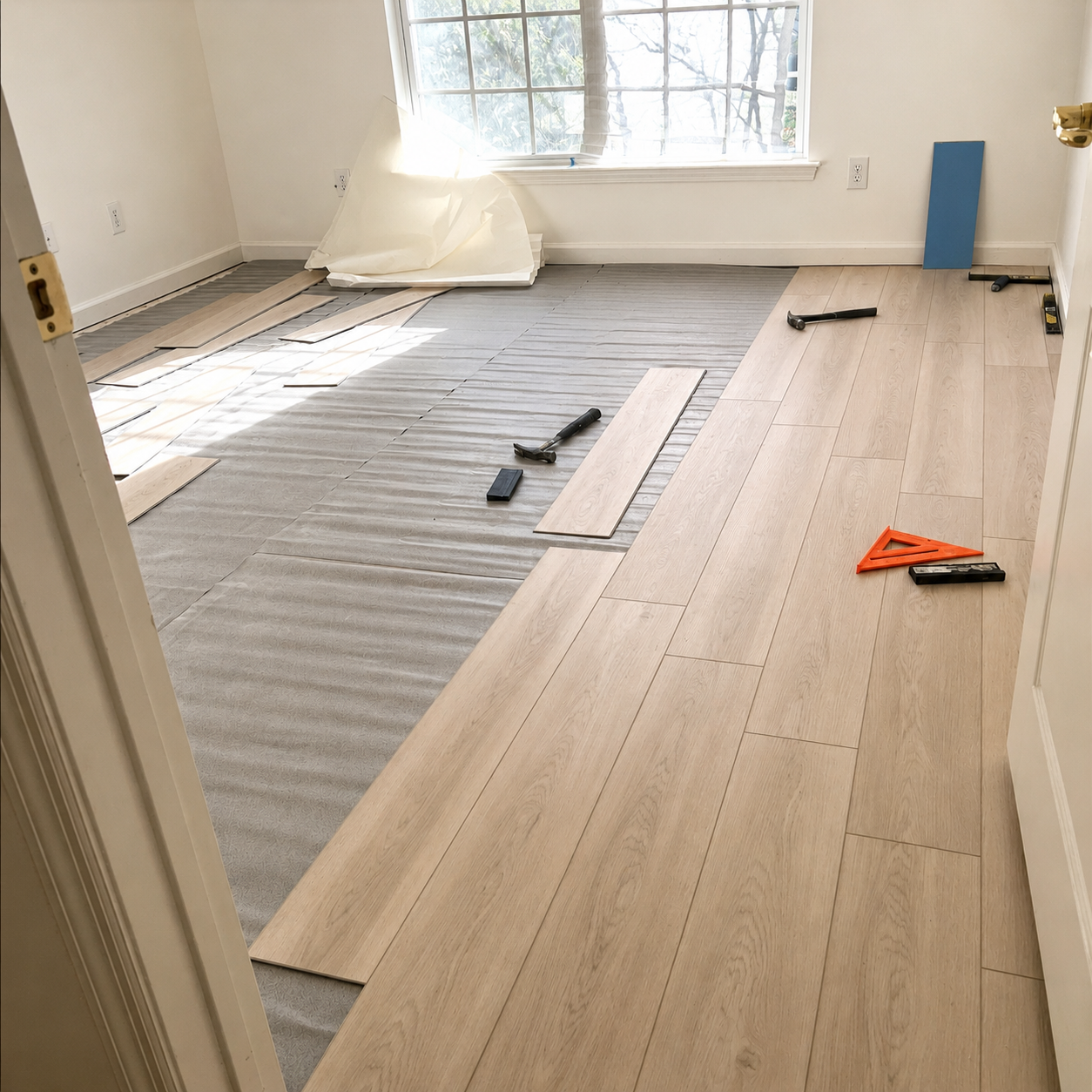 Vertical shot of wide-plank vinyl flooring being laid in a bright room, showing tight seams, staggered joints and a clean line against a freshly painted baseboard.