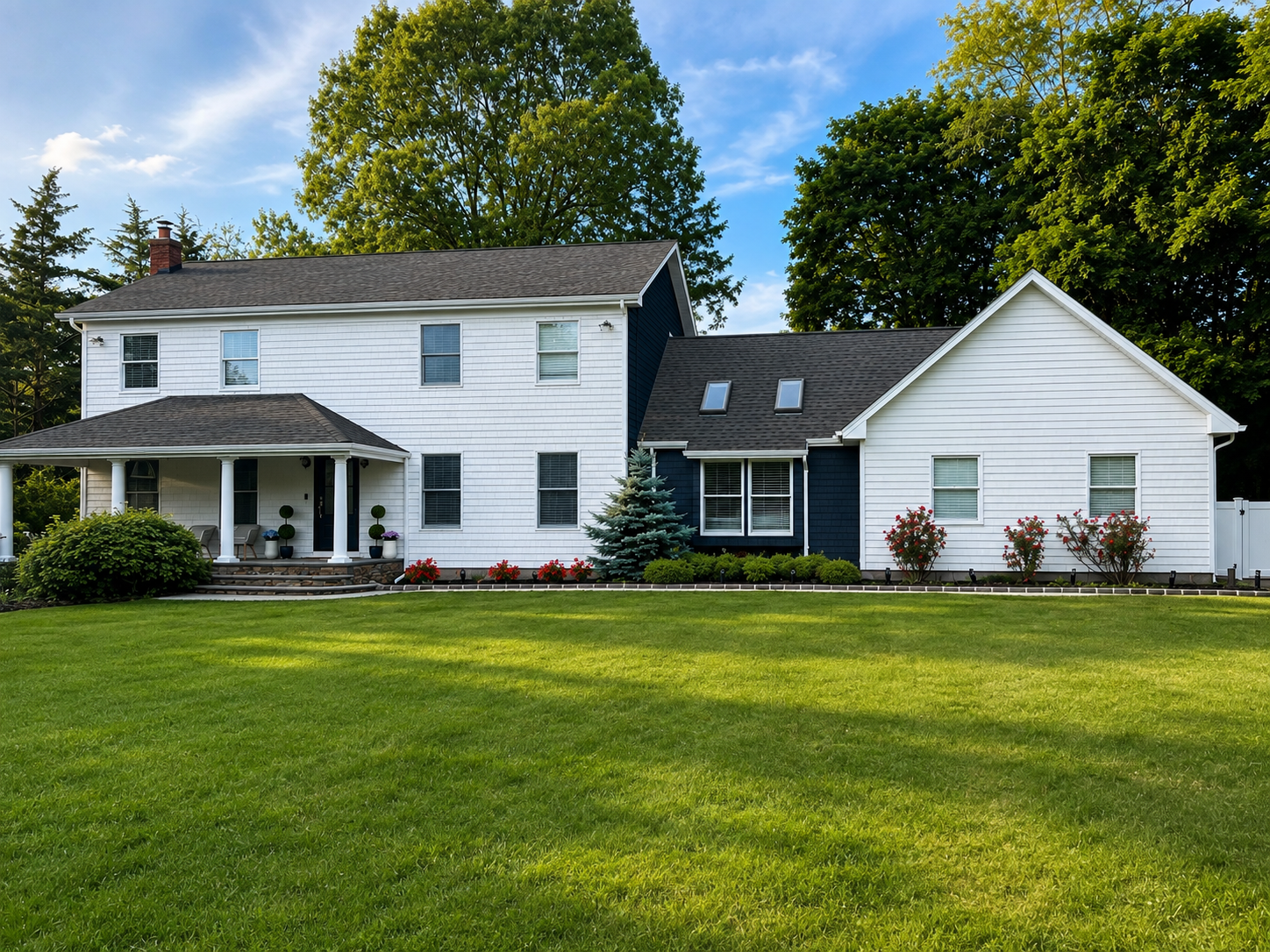 Best single project photo: a completed Long Island home exterior repaint in strong late-day light, sharp trim, clean landscaping edge.