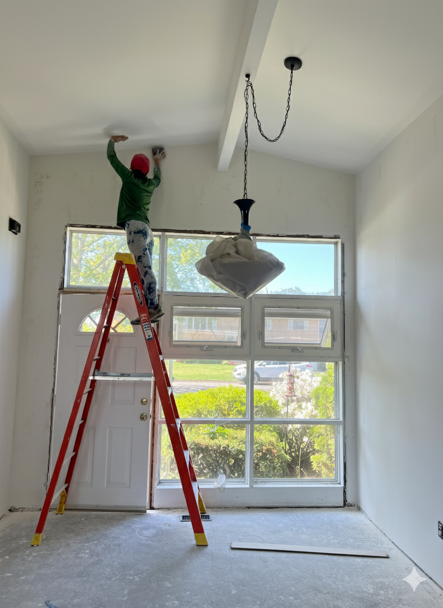 Vertical shot of a painter on a ladder cutting in the line between a soft white ceiling and a deep navy accent wall, brush loaded, tape-free edge.