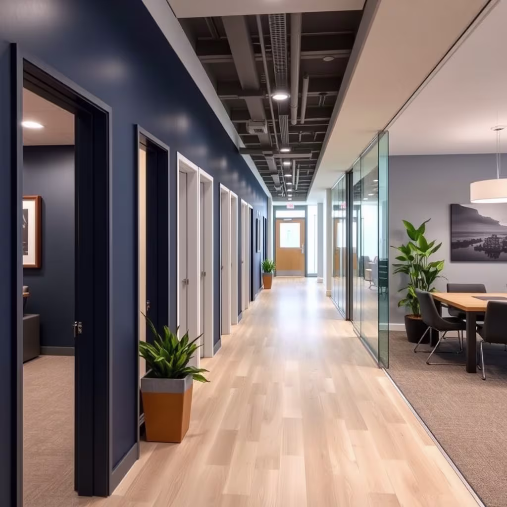 Freshly painted commercial office corridor with clean door frames, even wall color and new baseboards under bright ceiling lights.