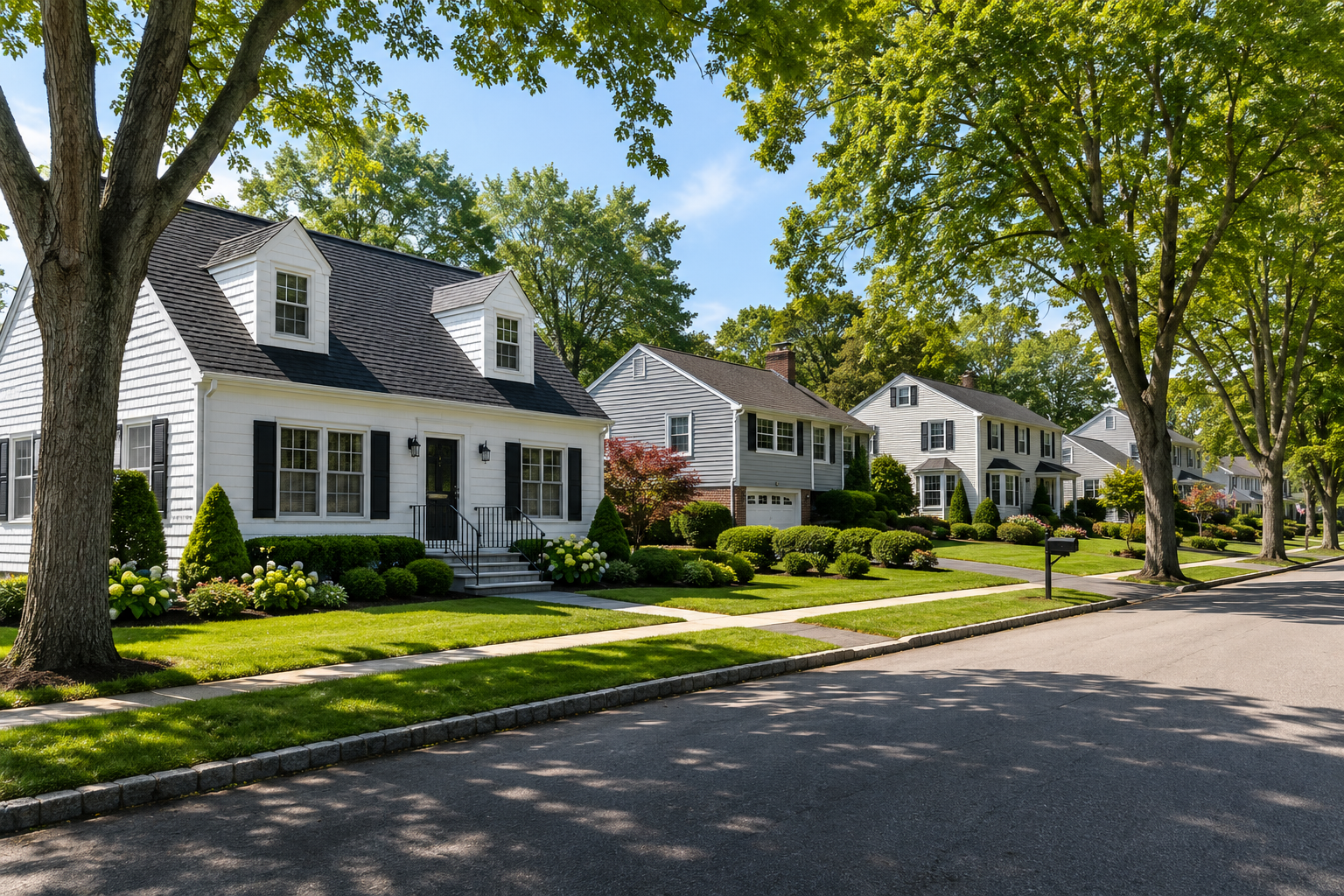 Classic Long Island residential street: mature trees, a mix of capes, splits and colonials, one home clearly freshly painted and standing out.