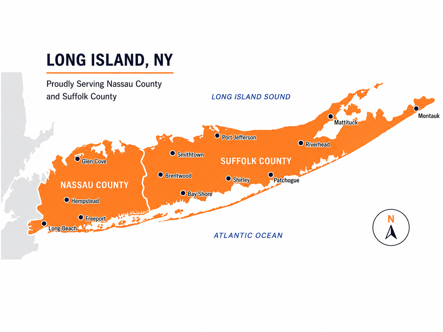 Simple, clean illustrated map of Long Island with Suffolk County and Nassau County highlighted in the brand orange, key towns marked.