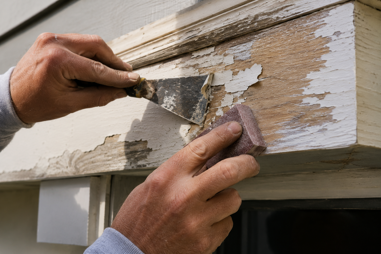 Close-up of scraping and sanding peeling paint off a weathered trim board.