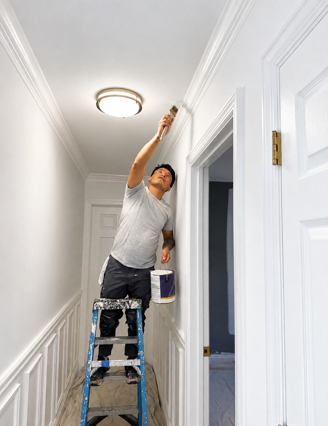 Painter working carefully along the edge of a window casing with a brush, showing steady hands and a clean line.
