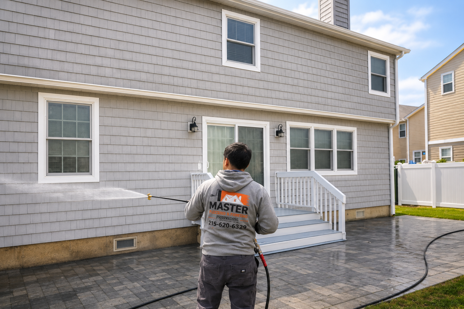 Power washing wand mid-pass across dirty vinyl siding, showing a sharp clean stripe next to the untouched grimy section.